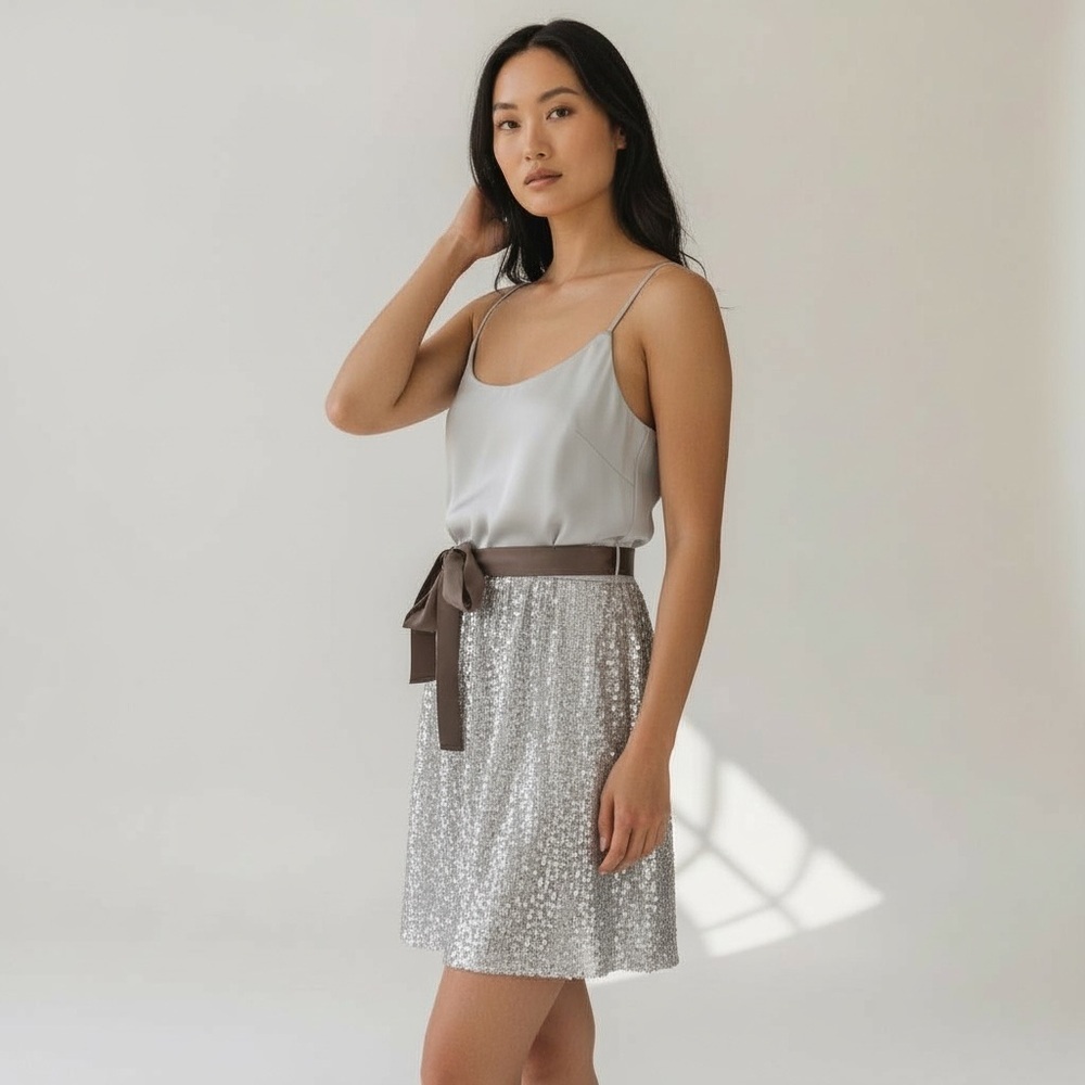 Express Womens Sequin Silver Spaghetti Strap Dress Belted Holiday Party Size L